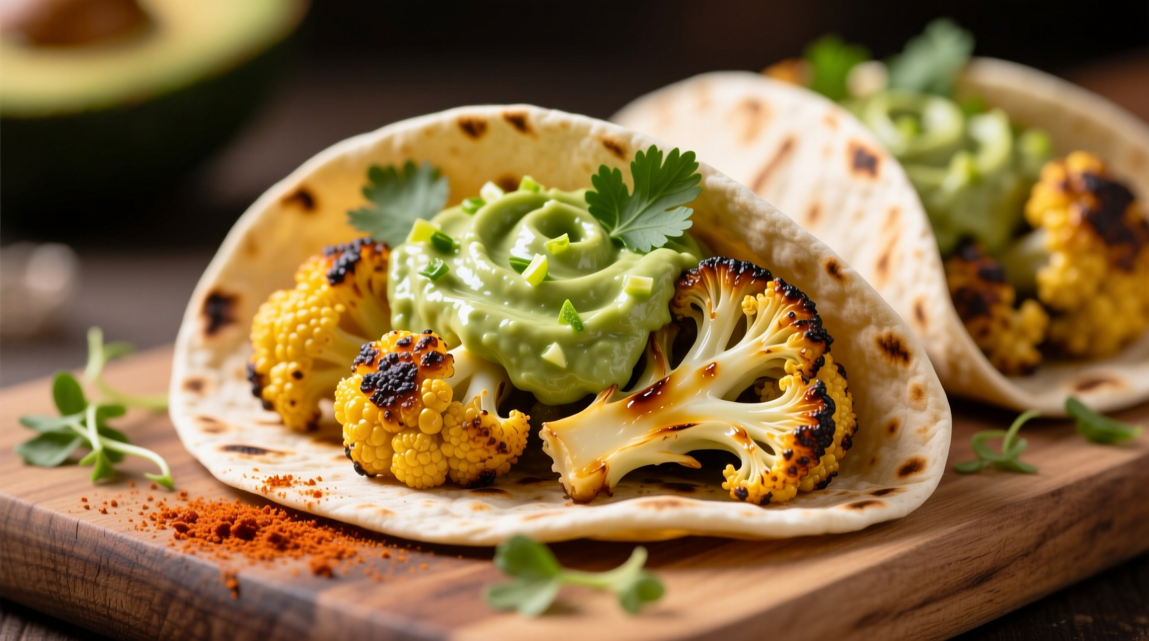 Golden roasted cauliflower florets in warm corn tortillas with avocado crema