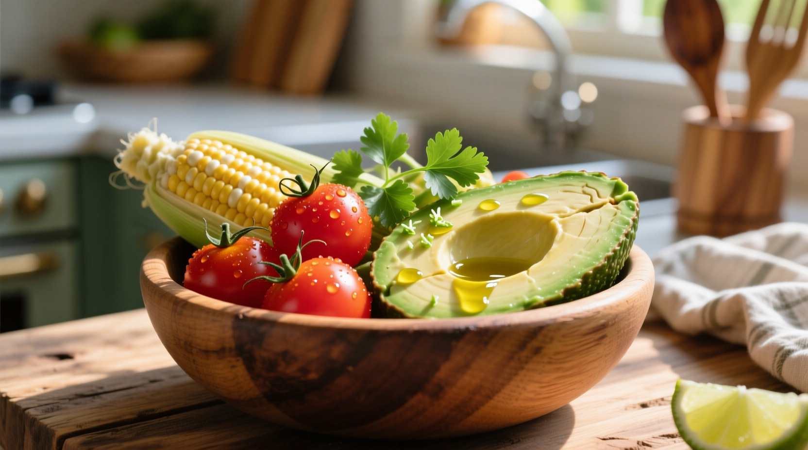 Fresh corn tomato avocado salad in wooden bowl