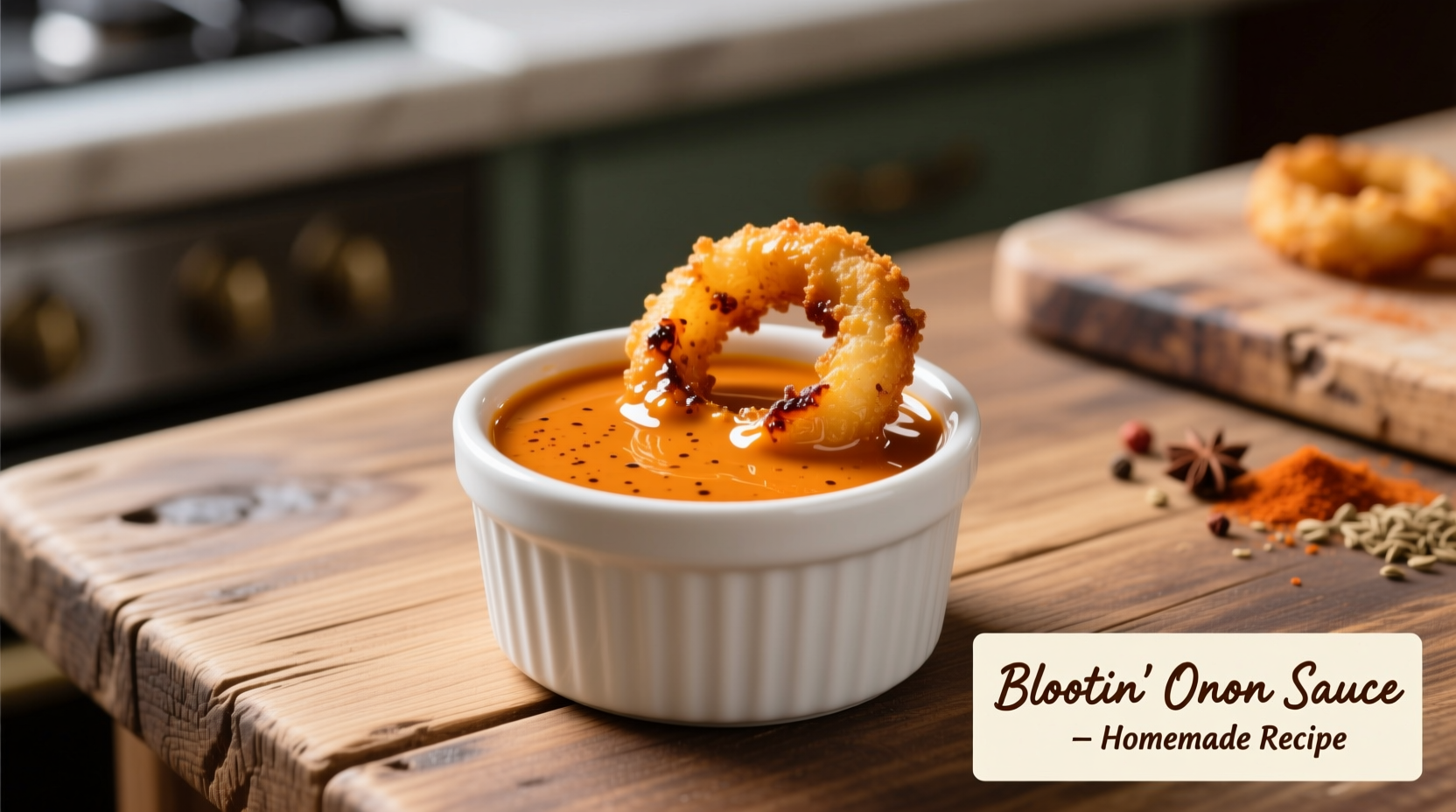 Homemade Bloomin Onion sauce in ramekin with dipping onion