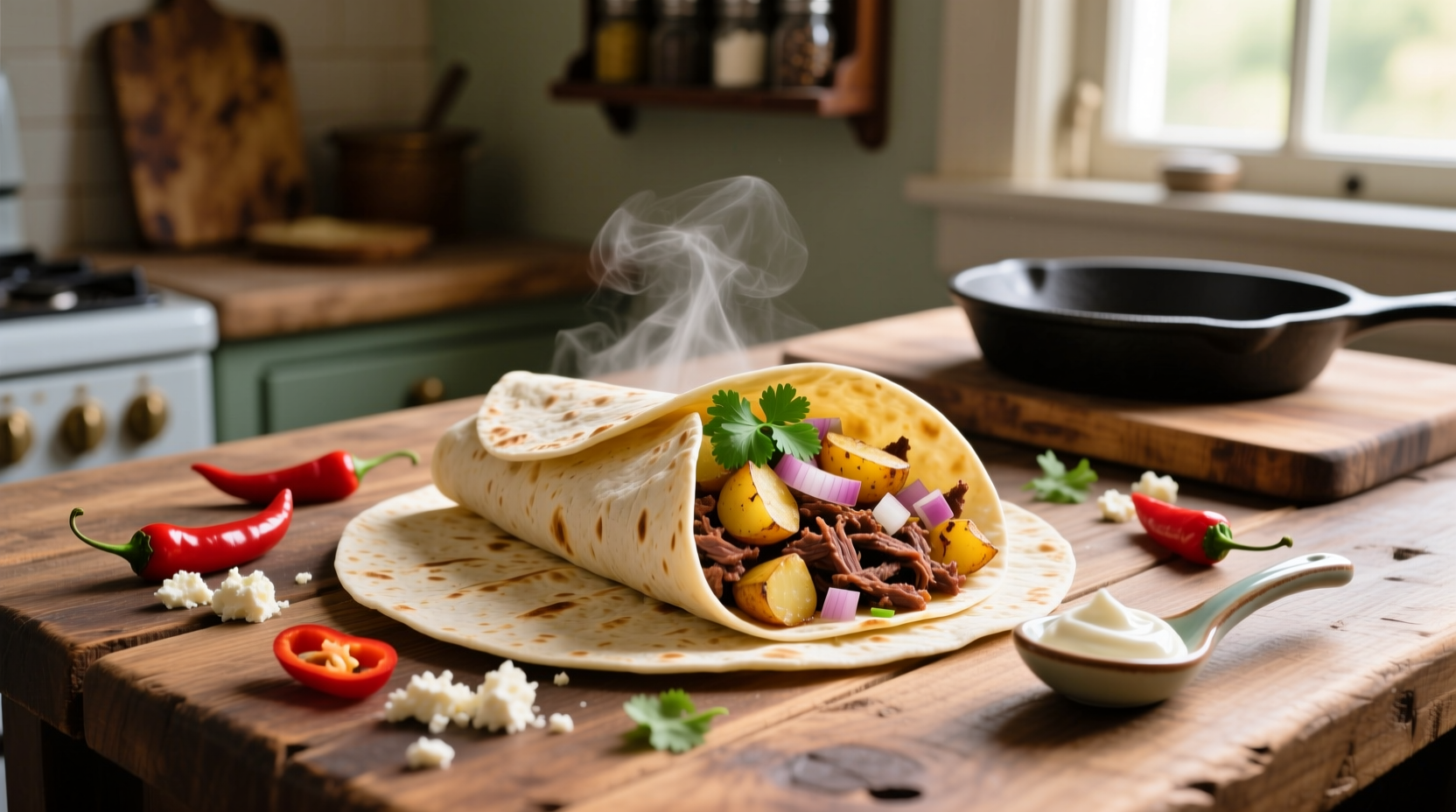 Beef and potato burrito ingredients on wooden table