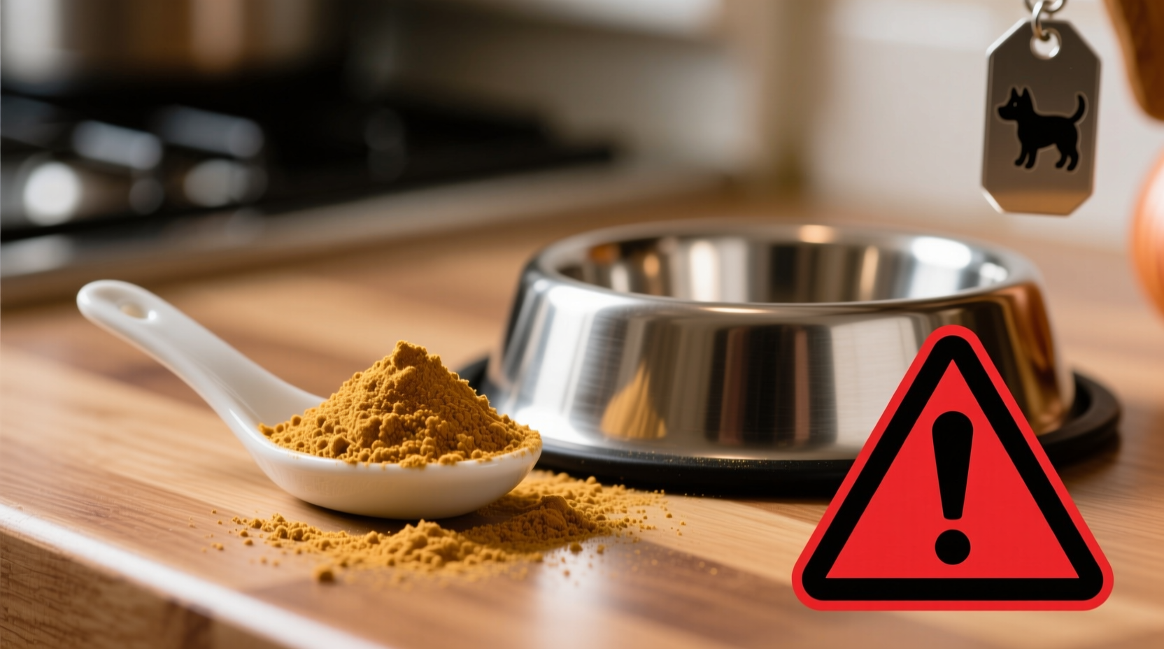Close-up of onion powder next to dog food bowl with warning symbol