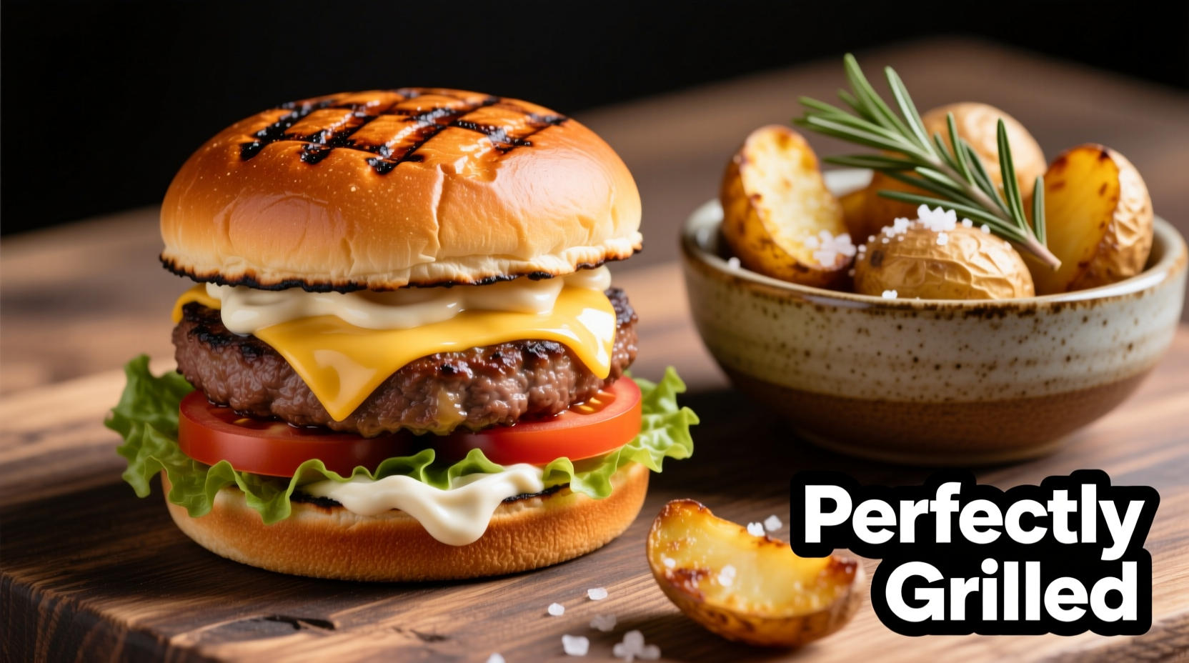 Perfectly grilled hamburger with golden roasted potatoes