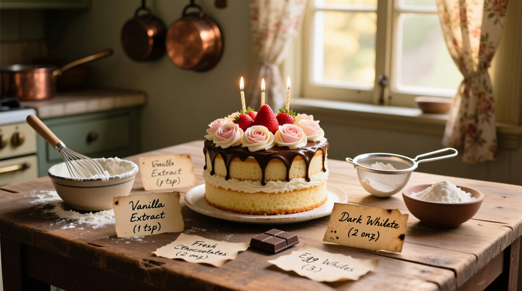 Birthday cake flavor ingredients on wooden table