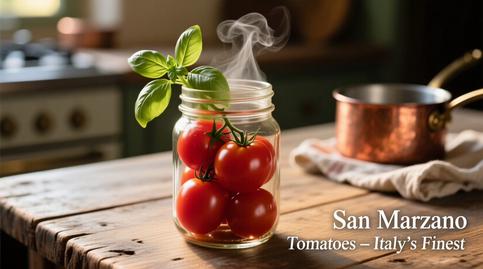San Marzano tomatoes in glass jar with basil garnish