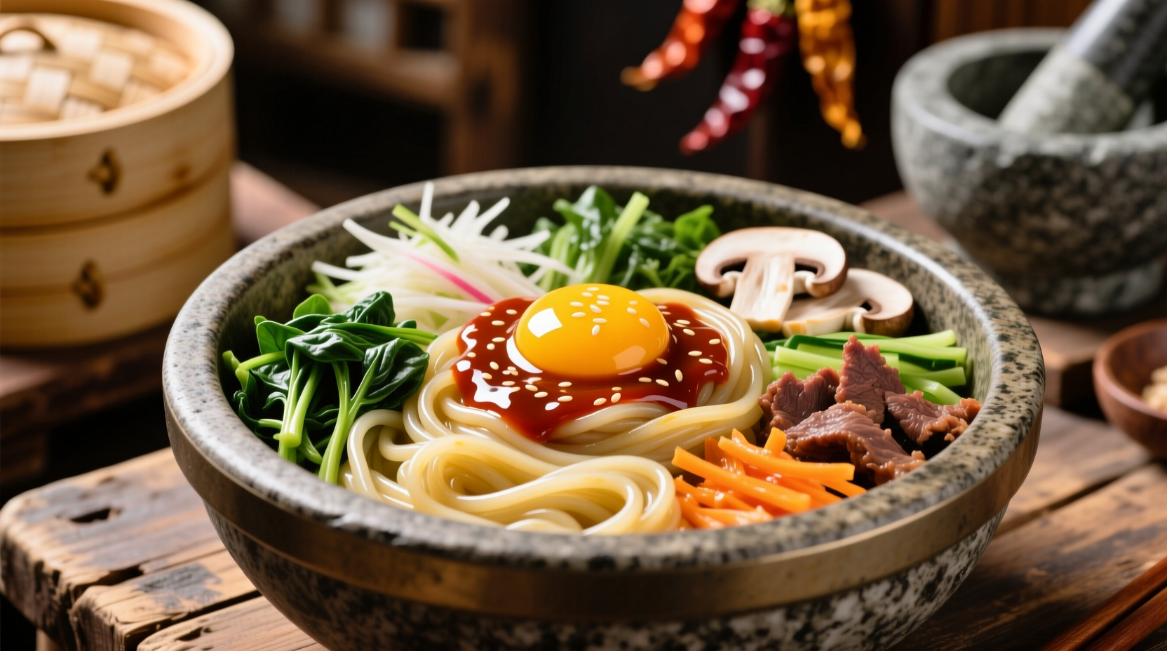 Nouilles de fécule de pomme de terre dans un bibimbap traditionnel coréen