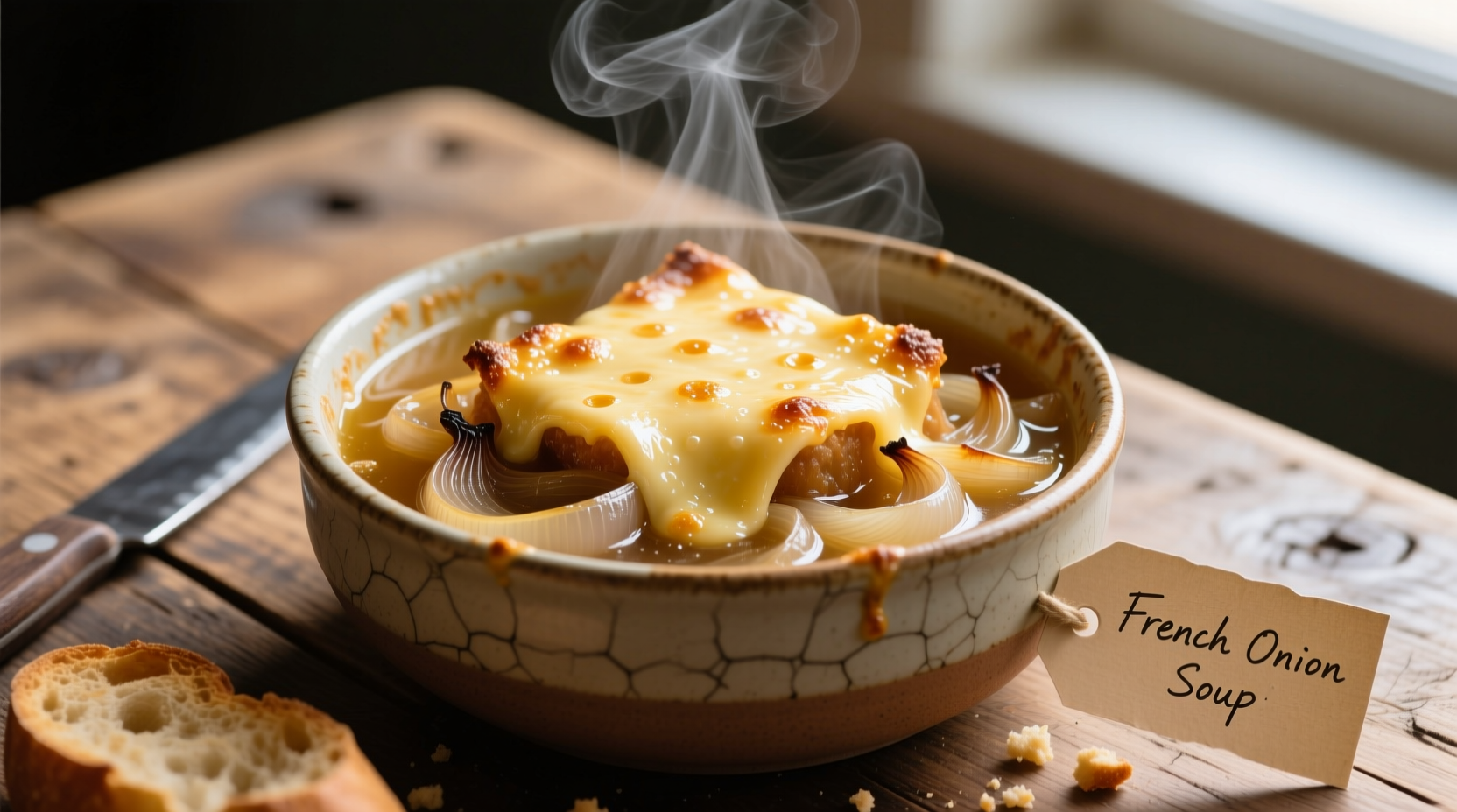 Steaming bowl of French onion soup with melted cheese topping