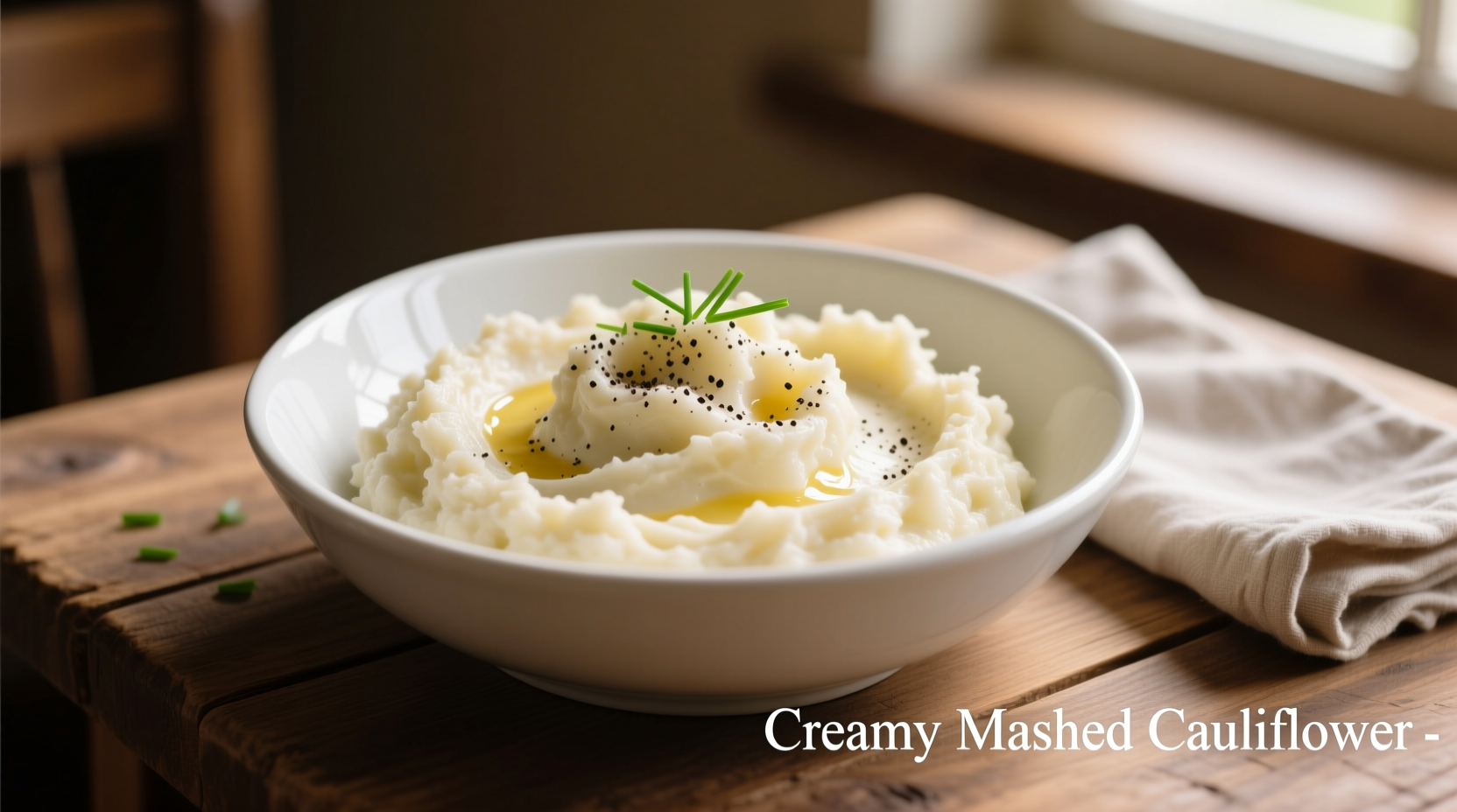 Creamy mashed cauliflower in white bowl