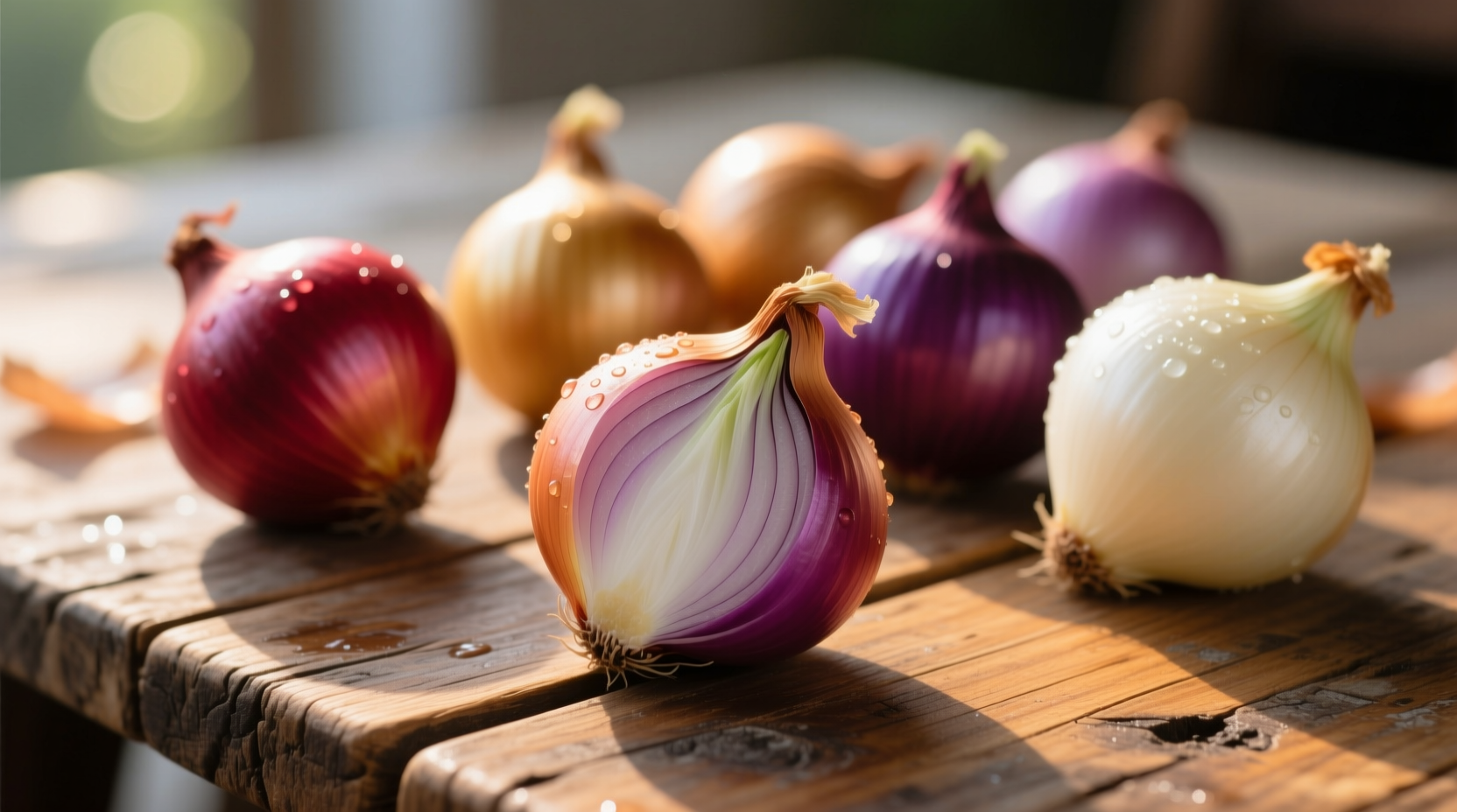 Fresh onions in various colors on wooden table