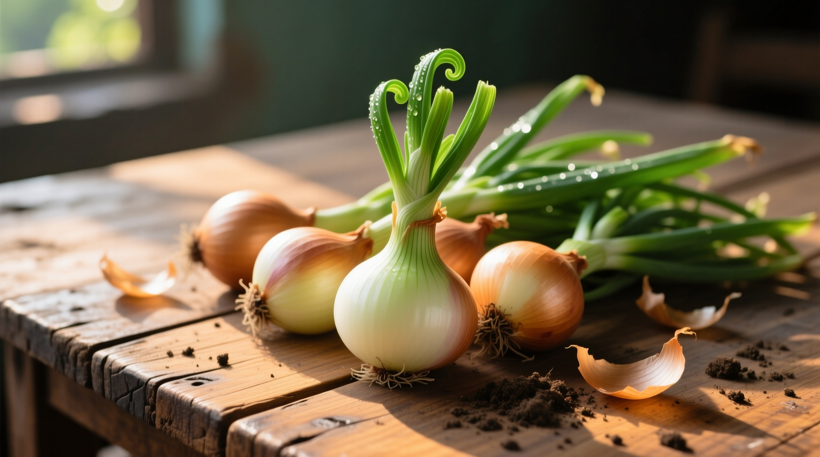 Fresh Onion Ooty bulbs with green tops on wooden table