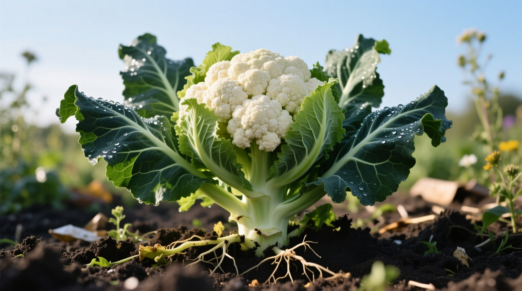 Healthy cauliflower plant in garden soil
