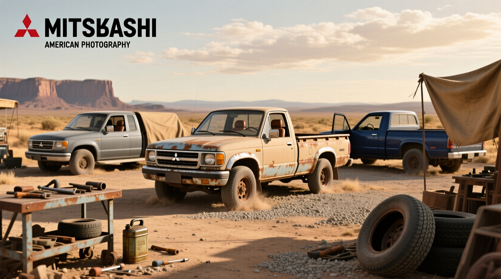 Side view of used Mitsubishi Triton pickup on gravel path