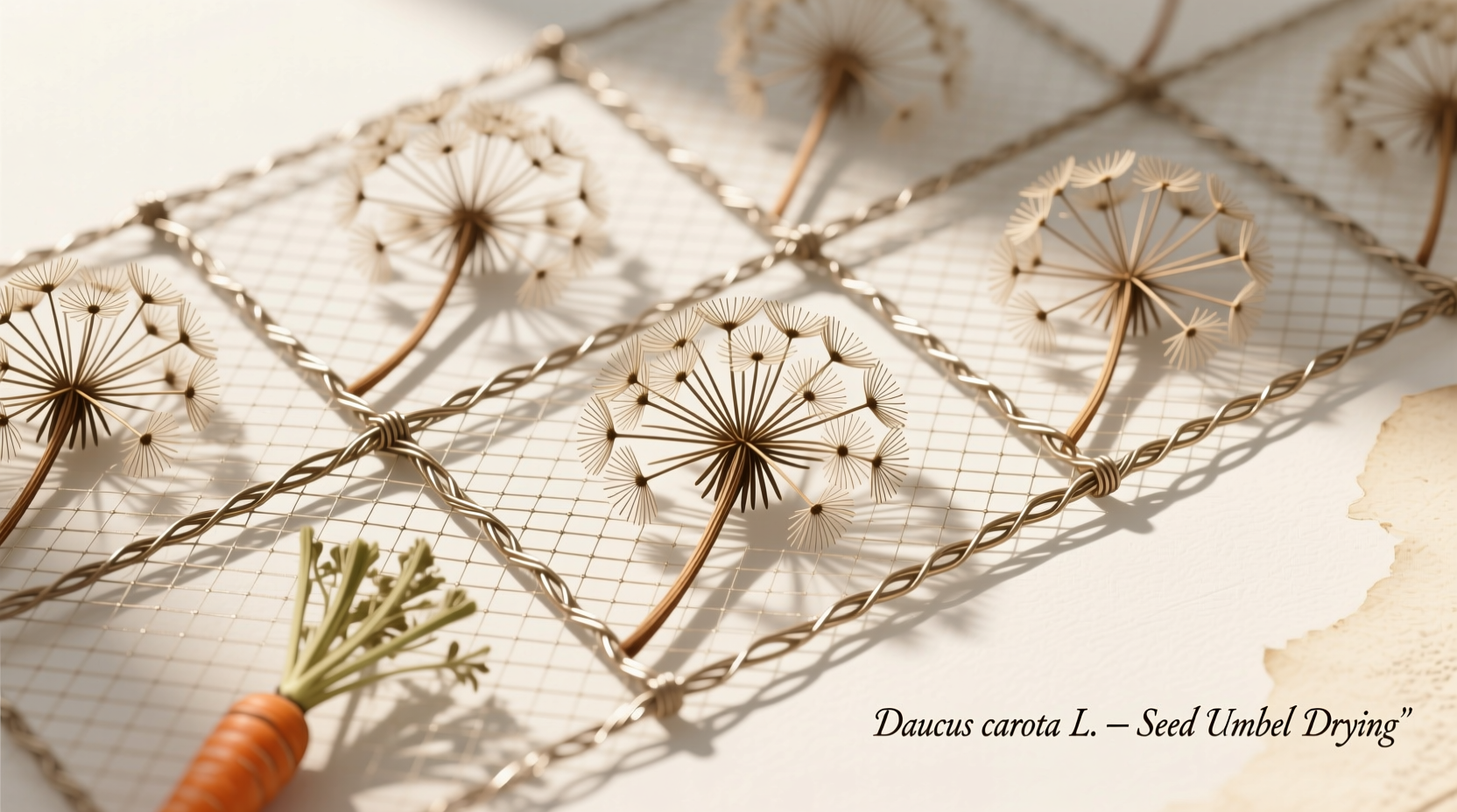 Carrot seed umbels drying on screens