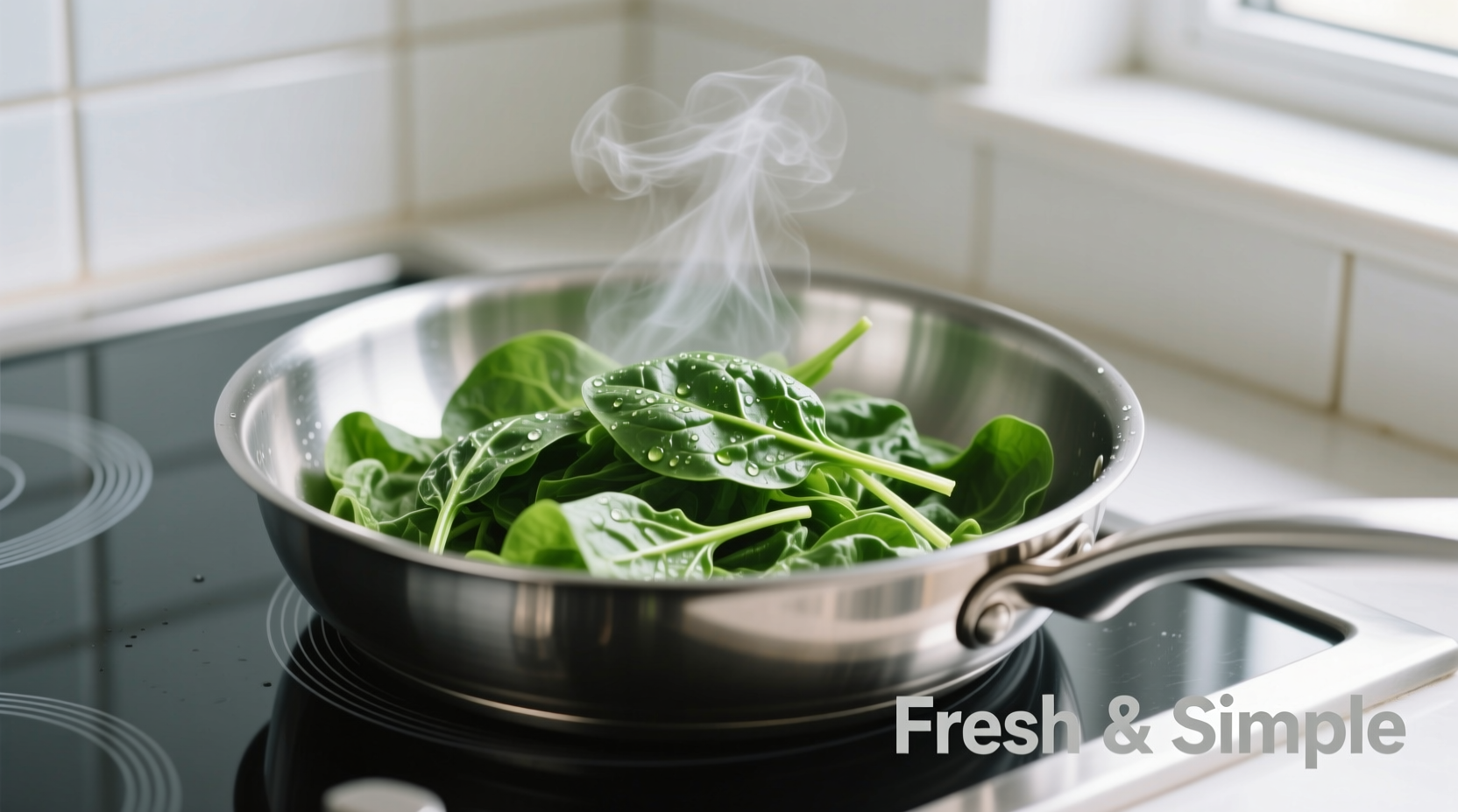 Fresh spinach wilting in a stainless steel pan