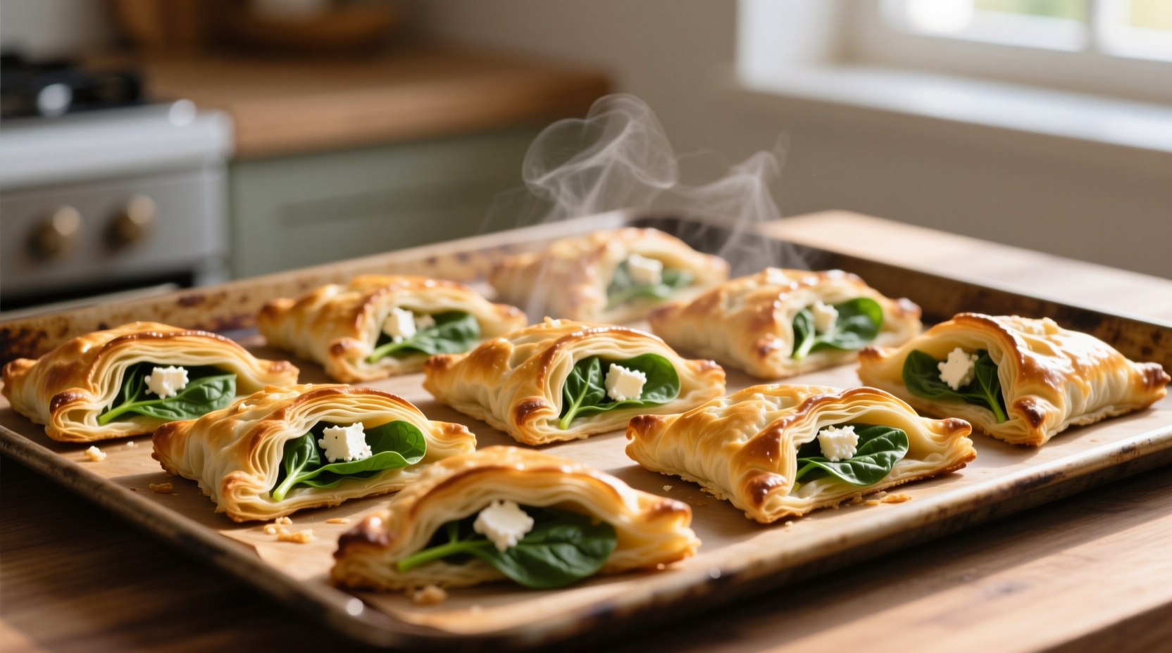 Golden feta spinach pastry triangles on baking sheet