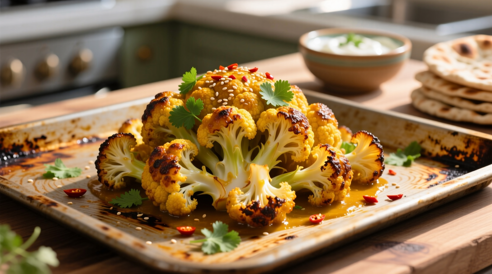 Golden roasted curry cauliflower on baking sheet