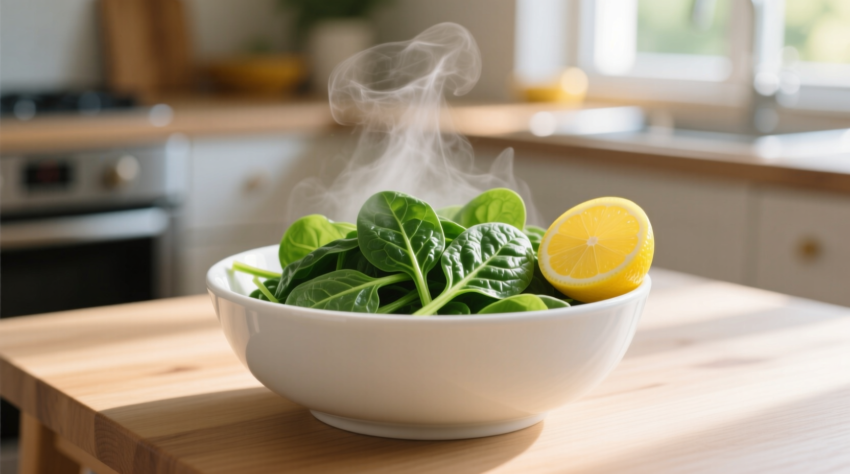 Fresh steamed spinach in white bowl with lemon wedge
