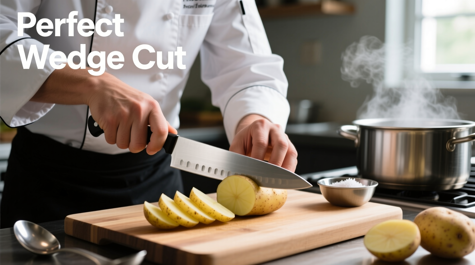 Chef demonstrating proper potato wedge cutting technique