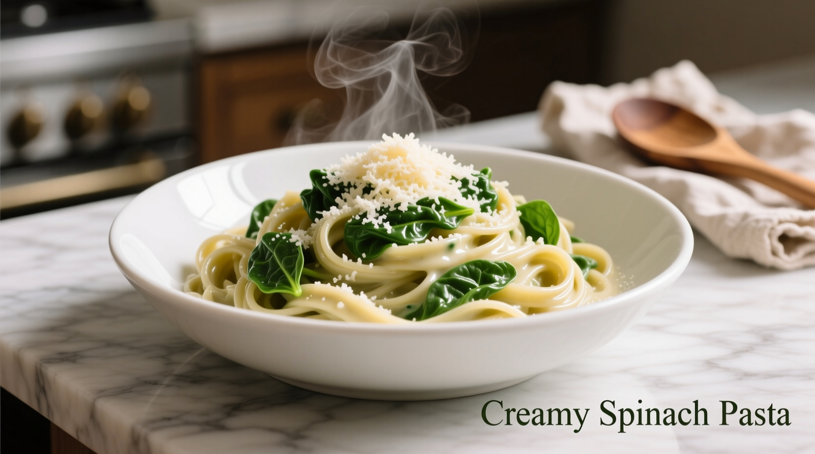 Creamy spinach pasta in white bowl with parmesan sprinkle