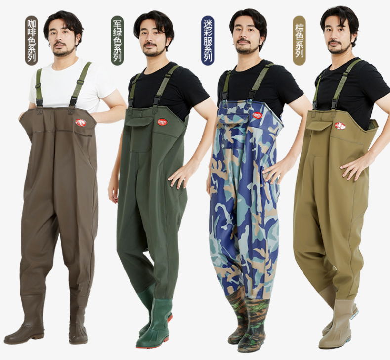 中国批发价格耐用pvc涂层针织梭织面料胸部高渔民涉水防水工作服