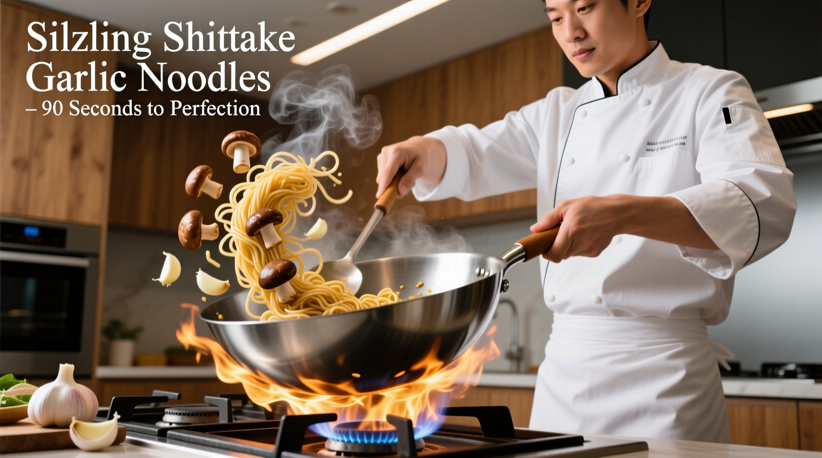 Chef stir-frying shiitake garlic noodles in wok