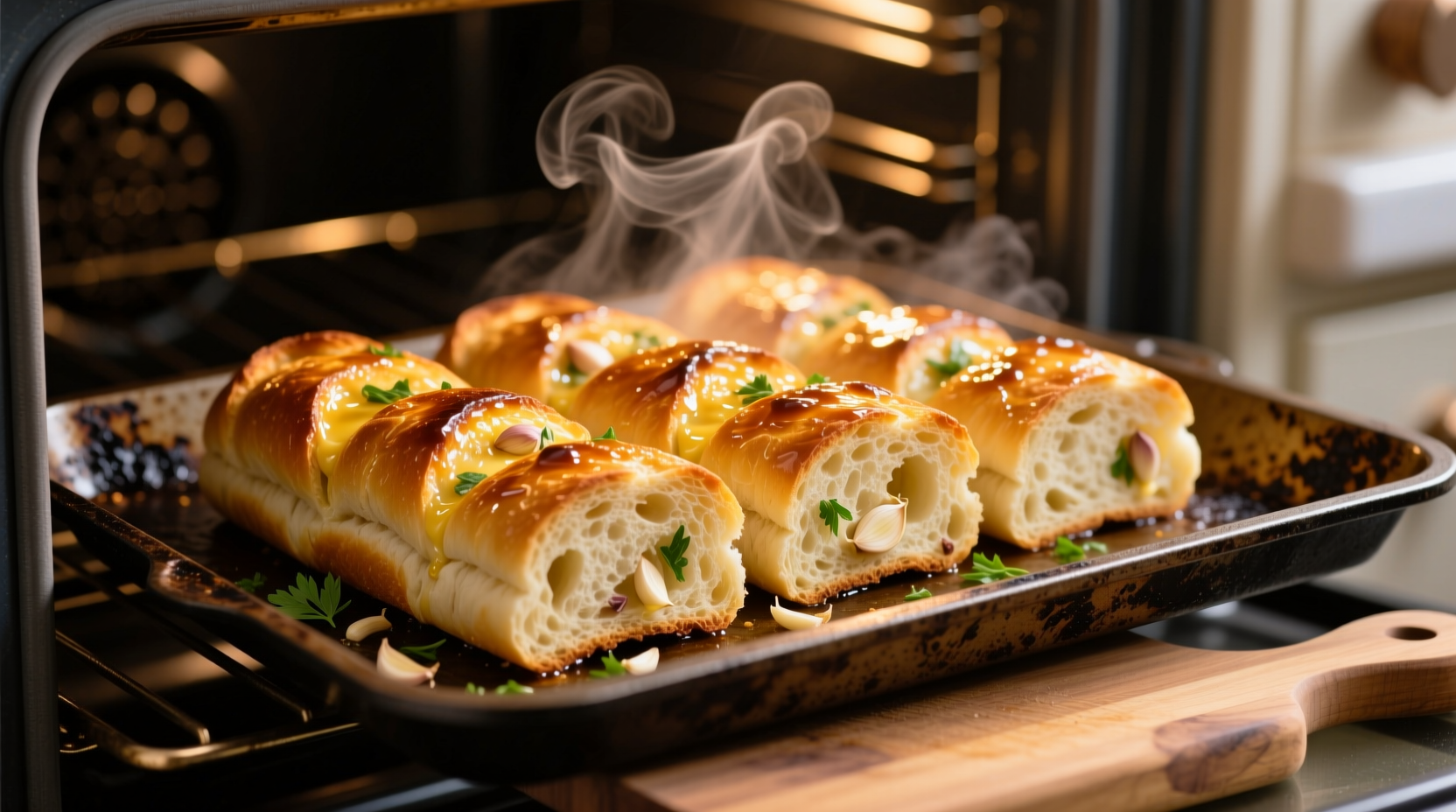 Perfectly golden frozen garlic bread baking in oven