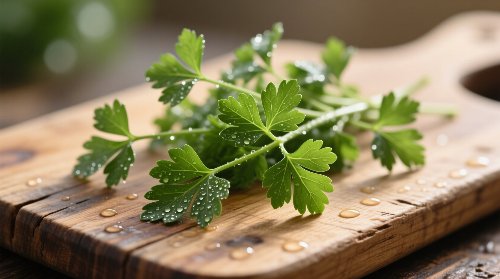 Fresh Italian parsley sprigs on wooden cutting board