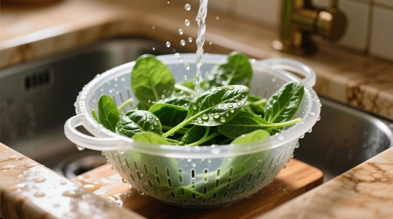 Fresh spinach being washed in colander