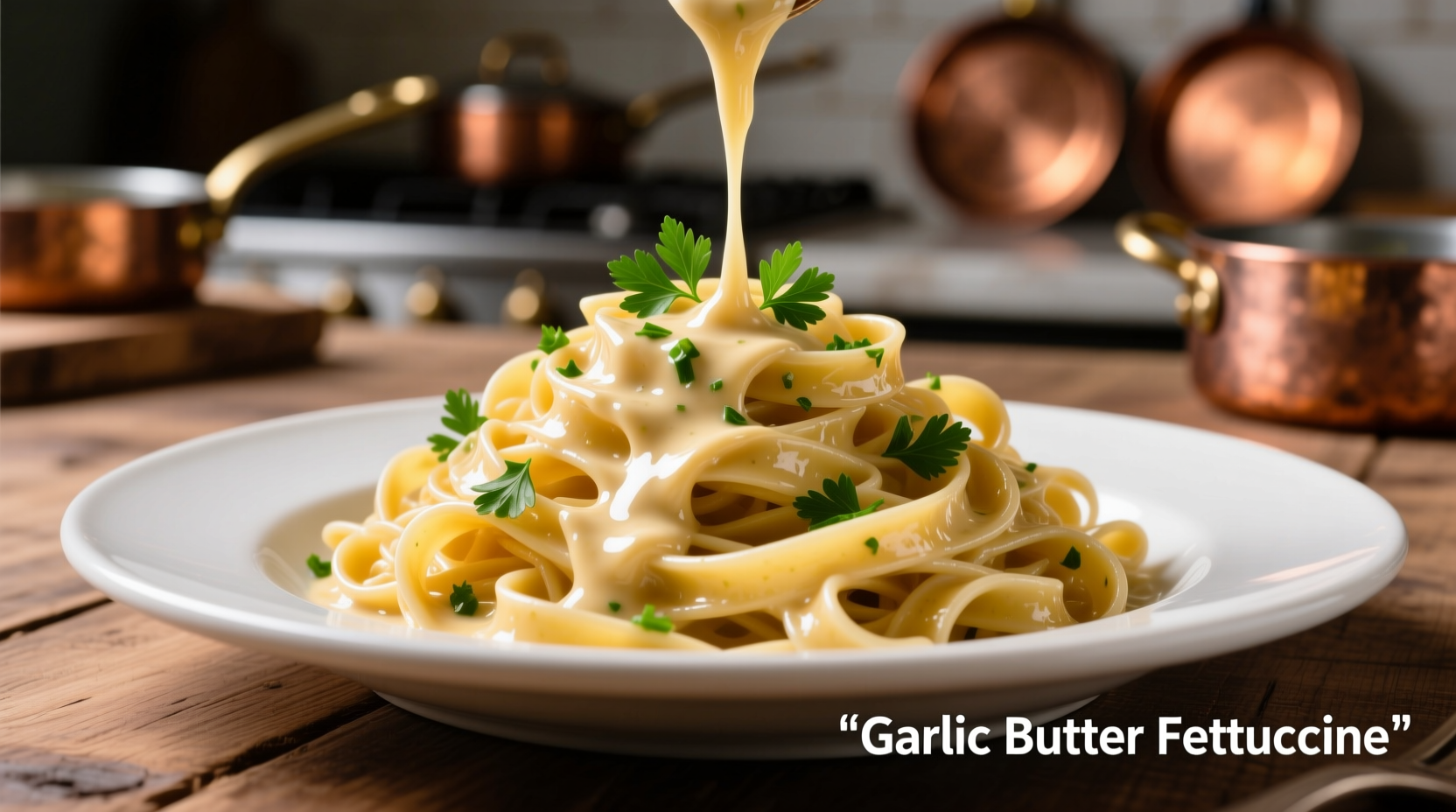 Creamy garlic butter sauce drizzled over fettuccine