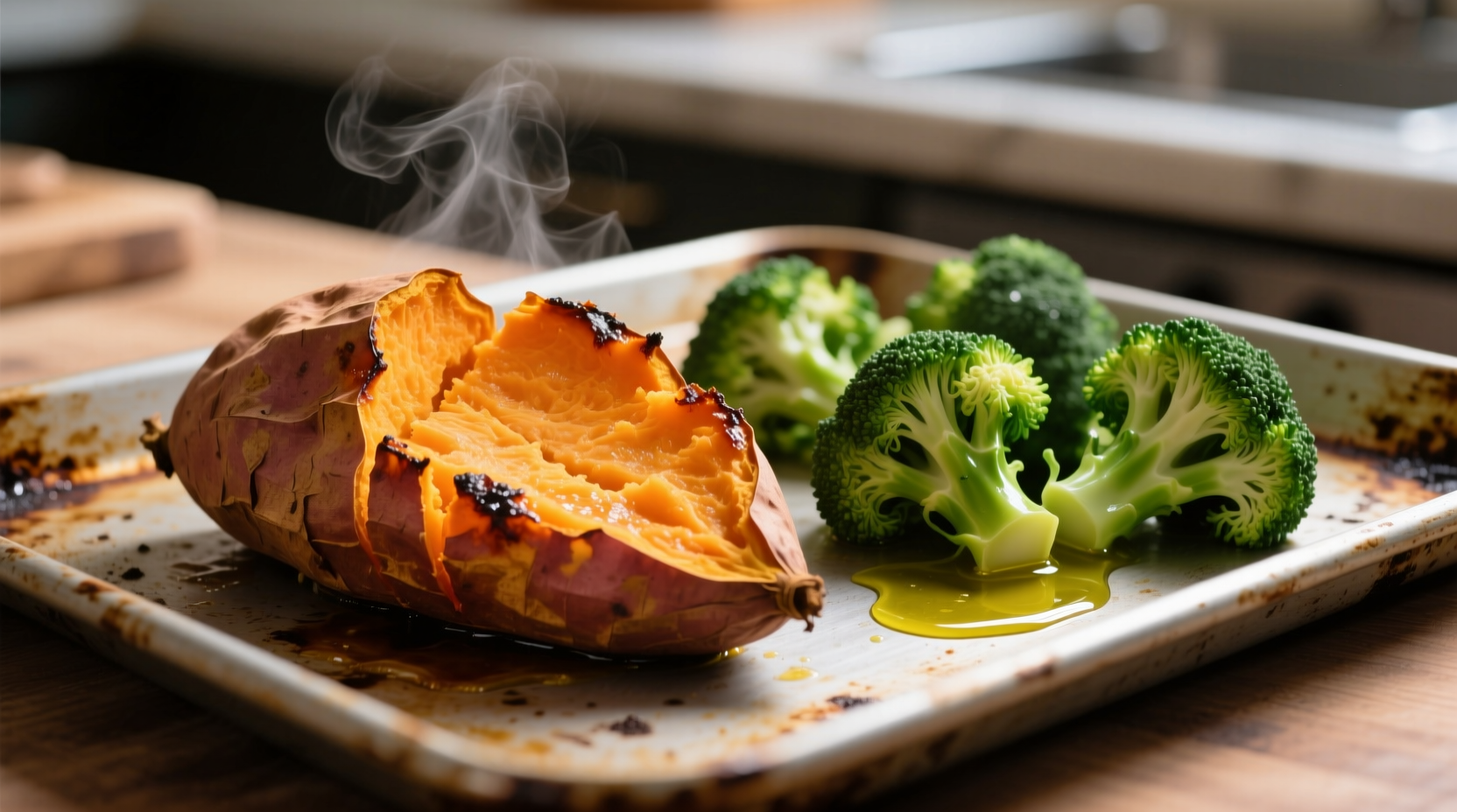 Roasted sweet potato and broccoli on baking sheet