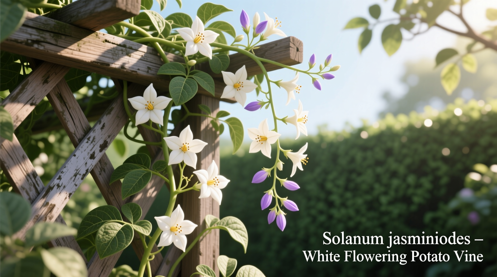 White flowering ornamental potato vine climbing trellis