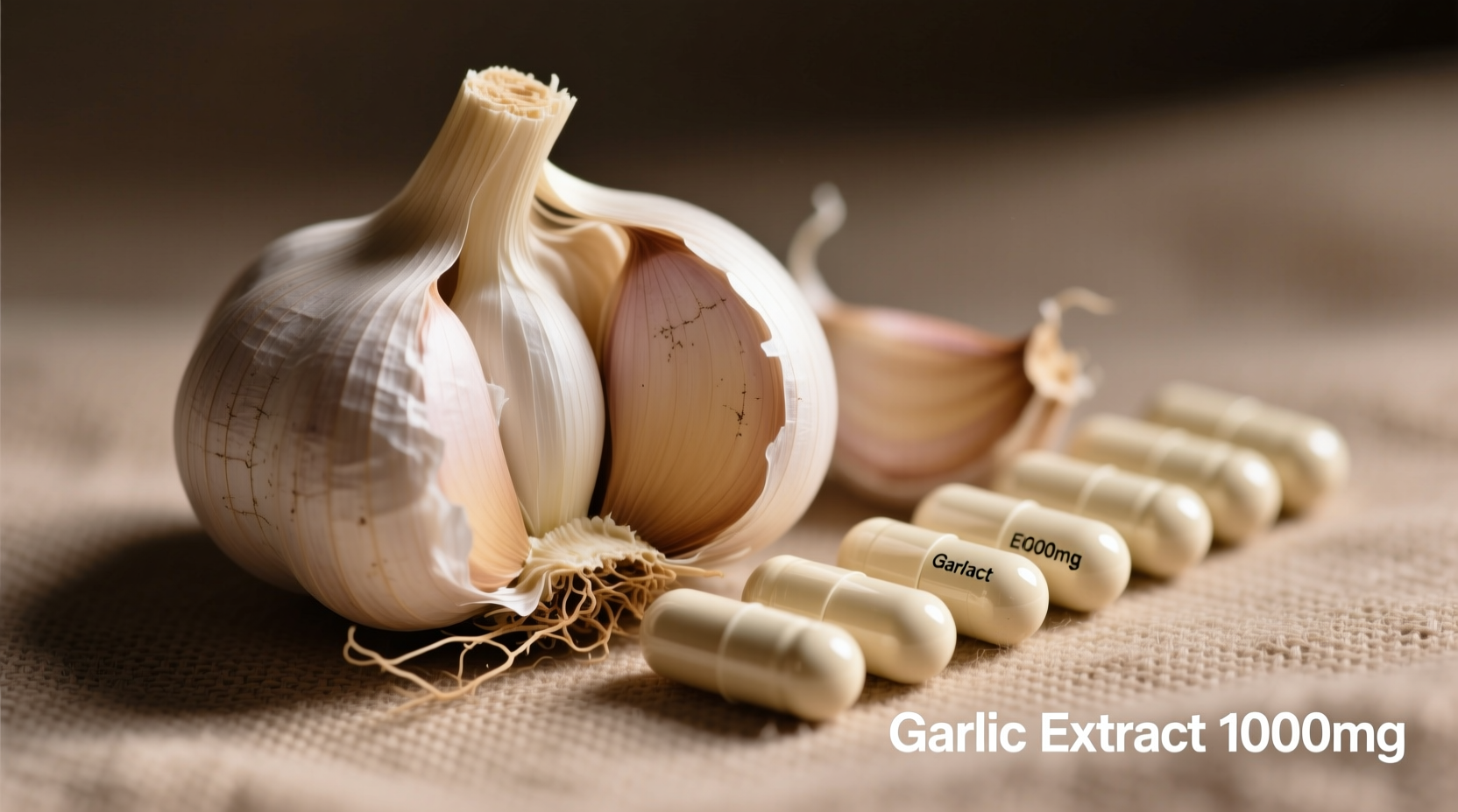 Garlic capsules next to fresh garlic cloves