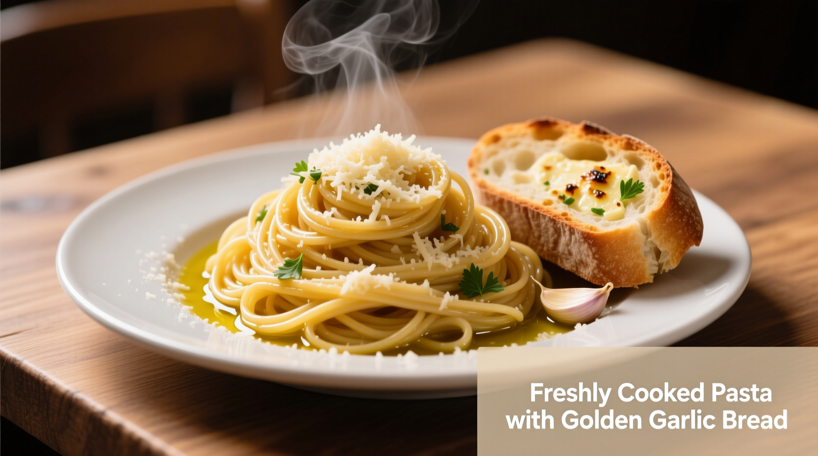Freshly cooked pasta with golden garlic bread