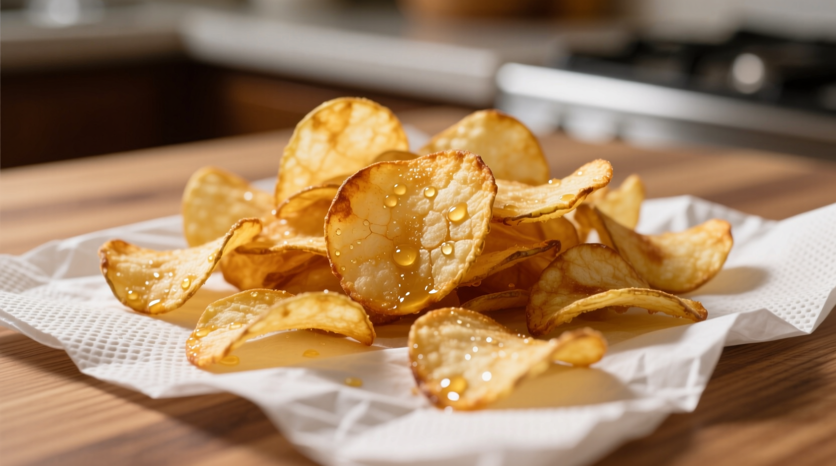 Freshly fried crispy potato chips on paper towel