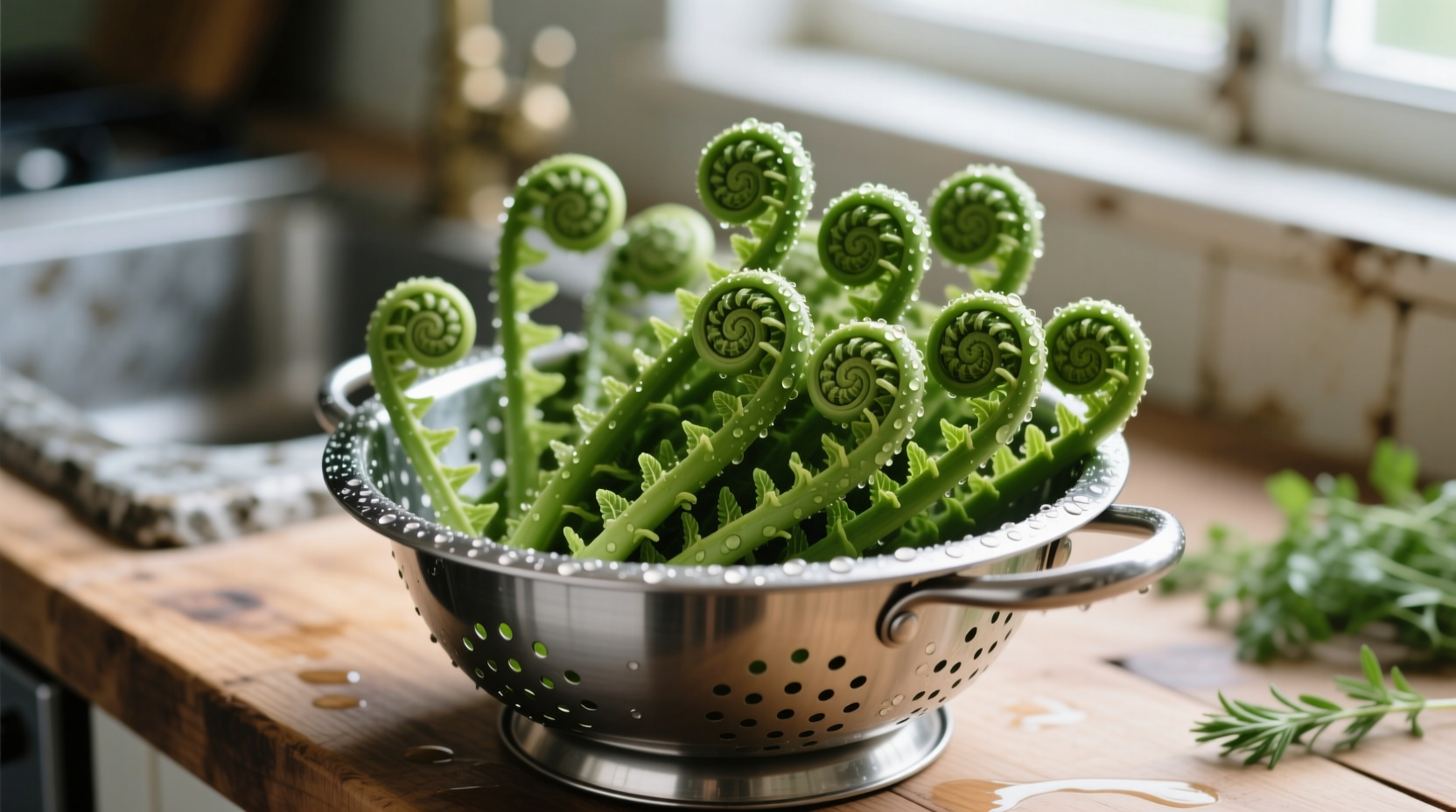 Freshly cleaned fiddlehead ferns in a colander