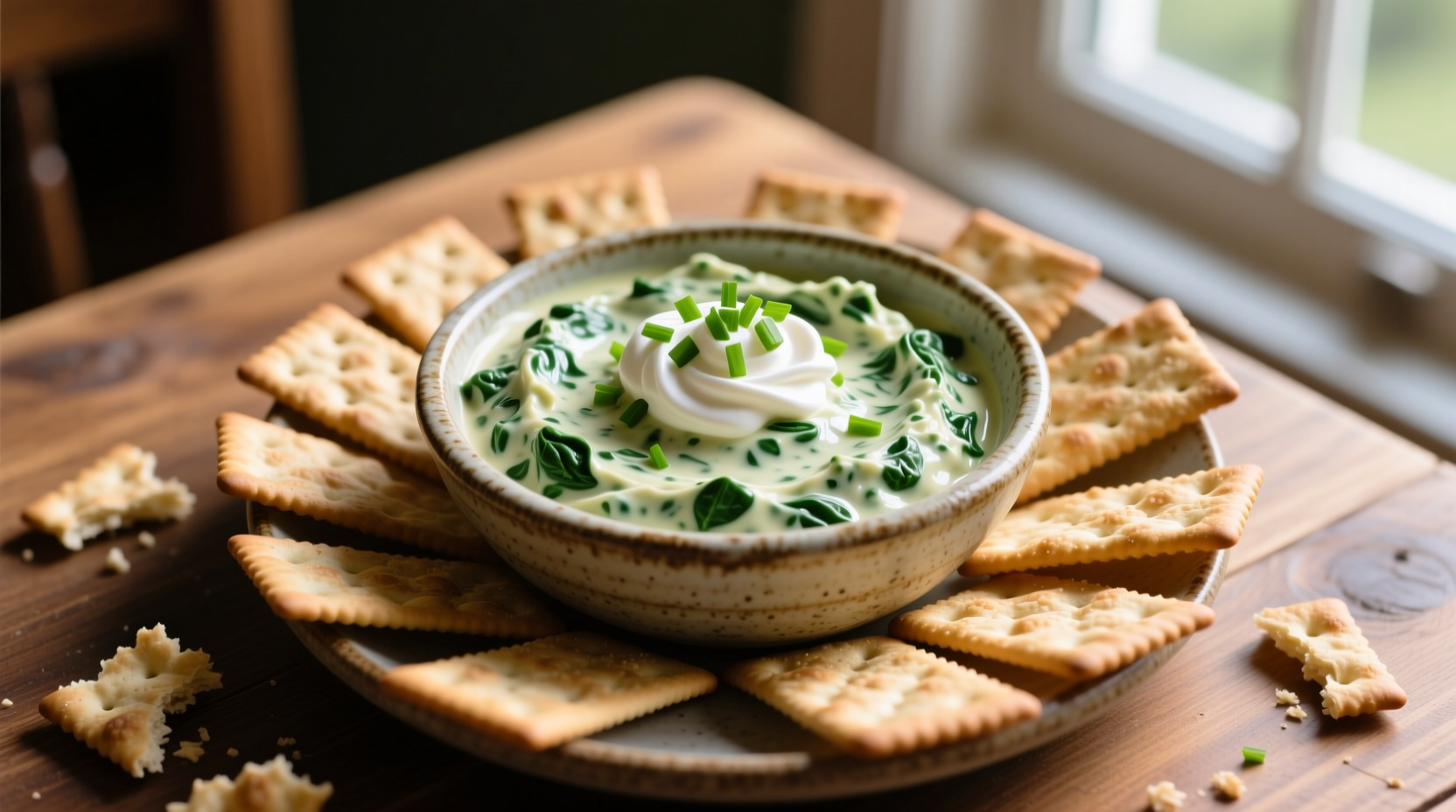Creamy spinach and cream cheese dip in serving bowl with crackers