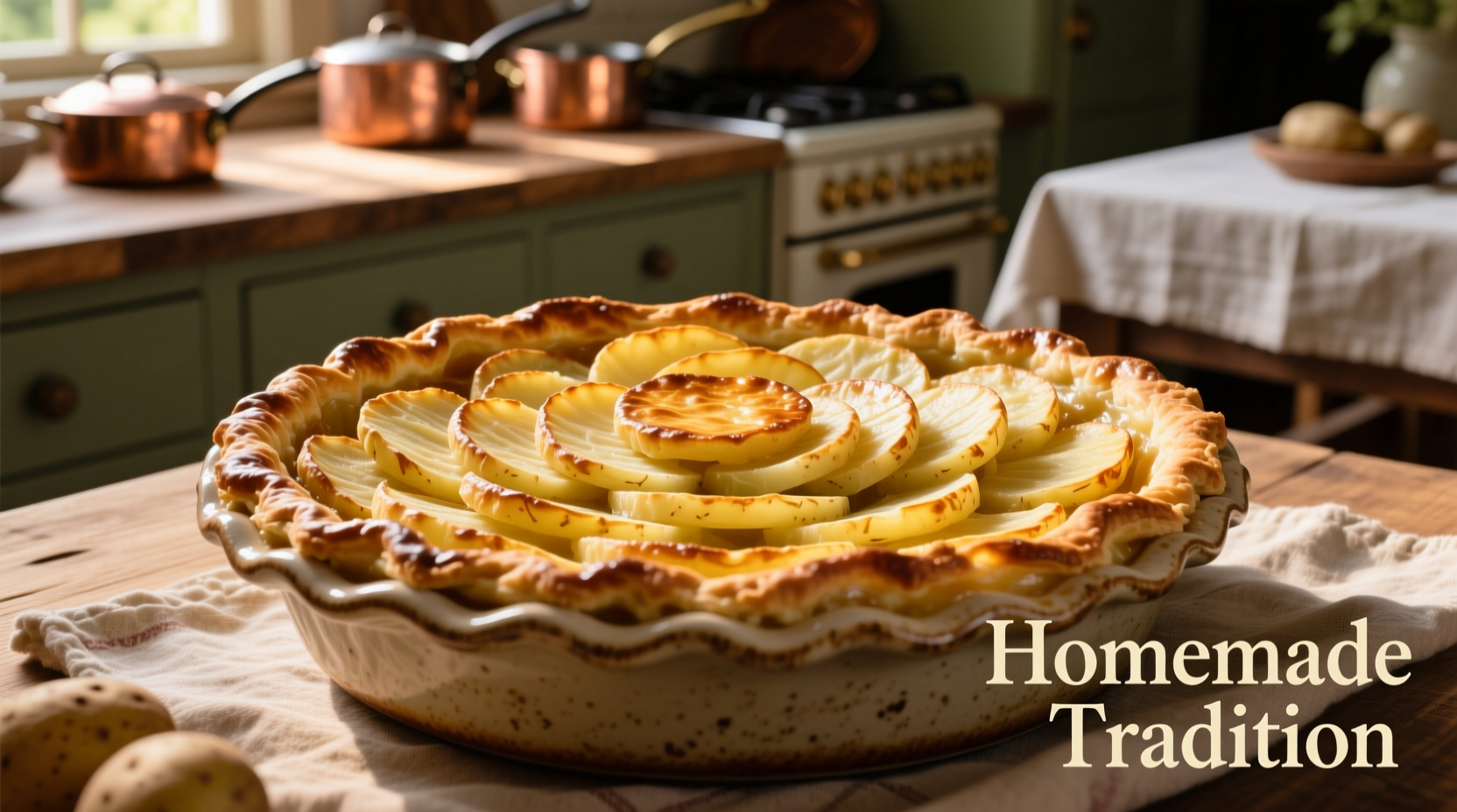 Traditional potato pie with golden crispy top layer