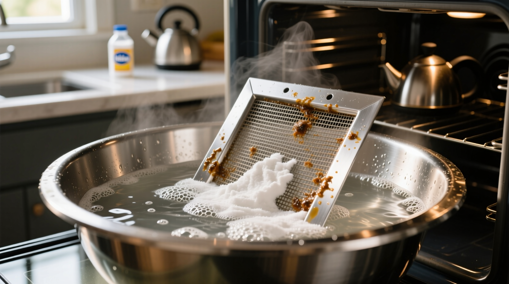 clean oven vent filters with baking soda and boiling wa