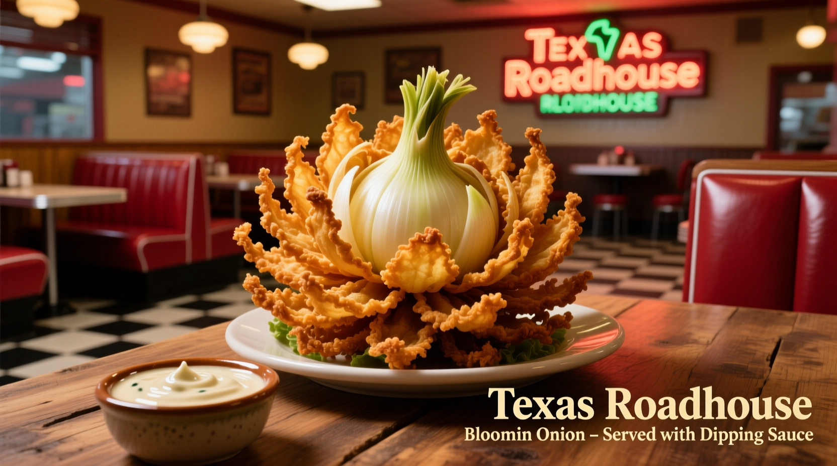 Texas Roadhouse Bloomin Onion served with dipping sauce