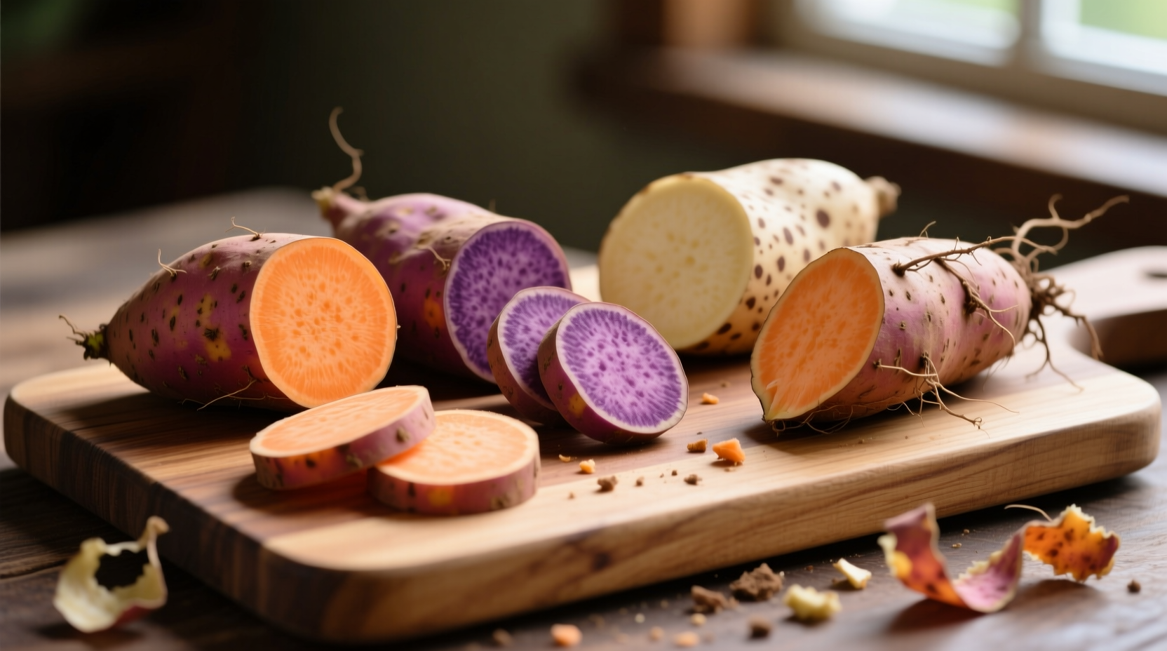 Sweet potato varieties on wooden cutting board
