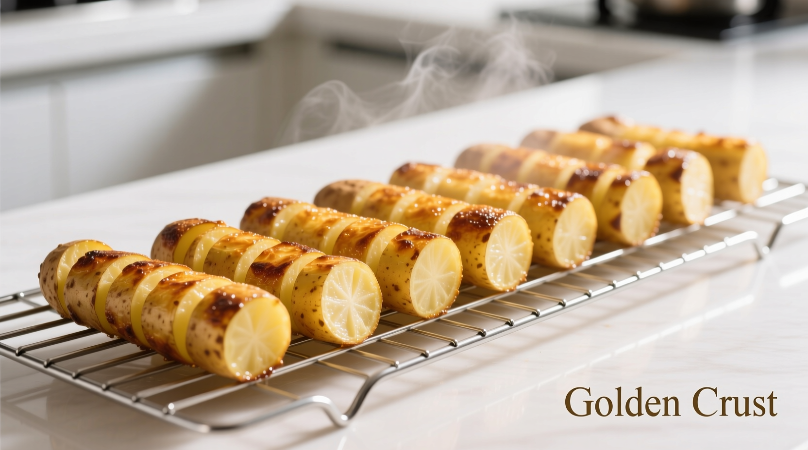 Perfectly golden potato logs on wire rack