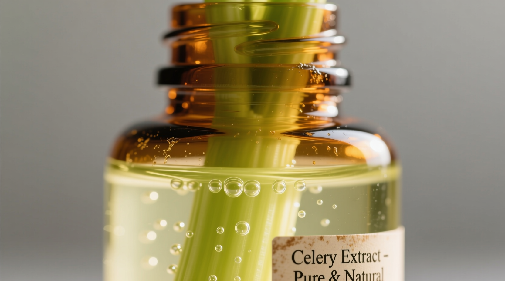 Close-up of celery extract in amber glass bottle