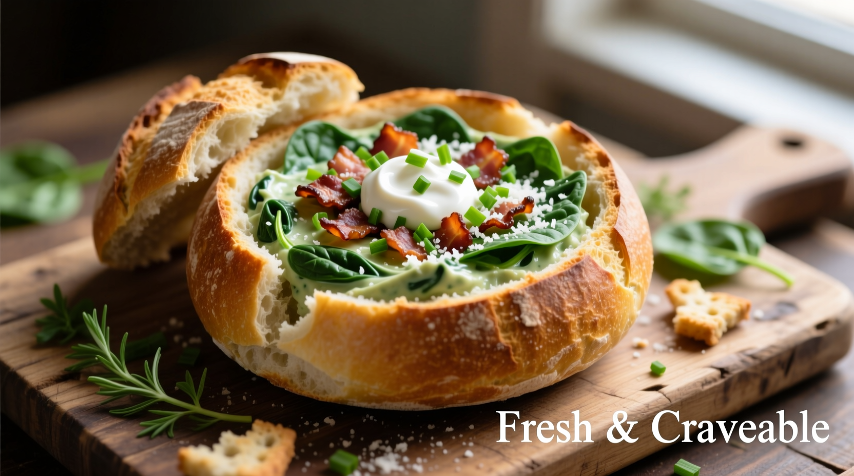 Creamy bacon spinach dip in bread bowl with fresh garnish