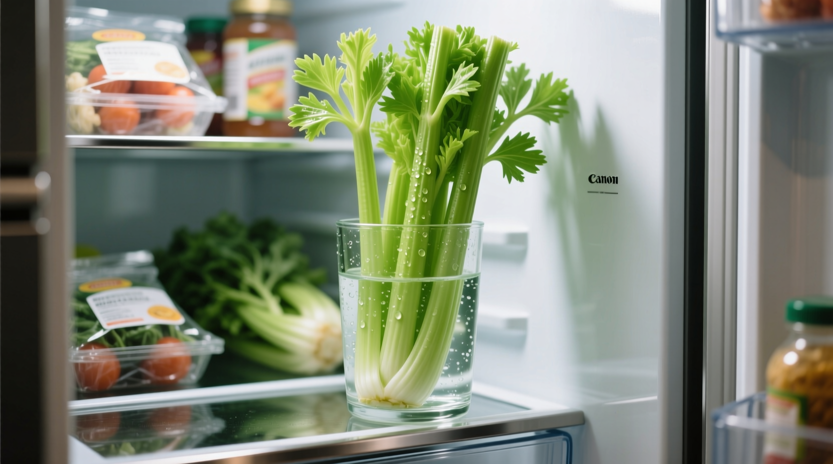Fresh celery stored upright in water container in refrigerator
