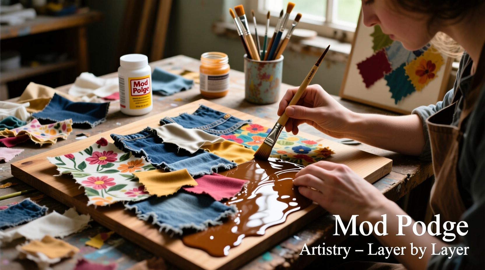 Artist transforming fabric scraps with Mod Podge
