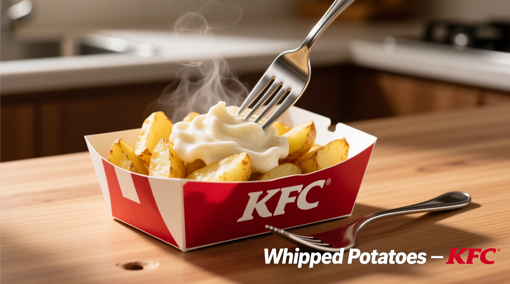 KFC whipped potatoes in serving container with fork