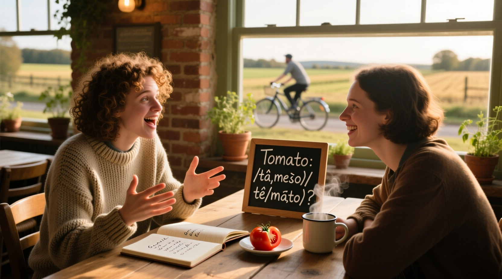 Two people discussing tomato pronunciation differences