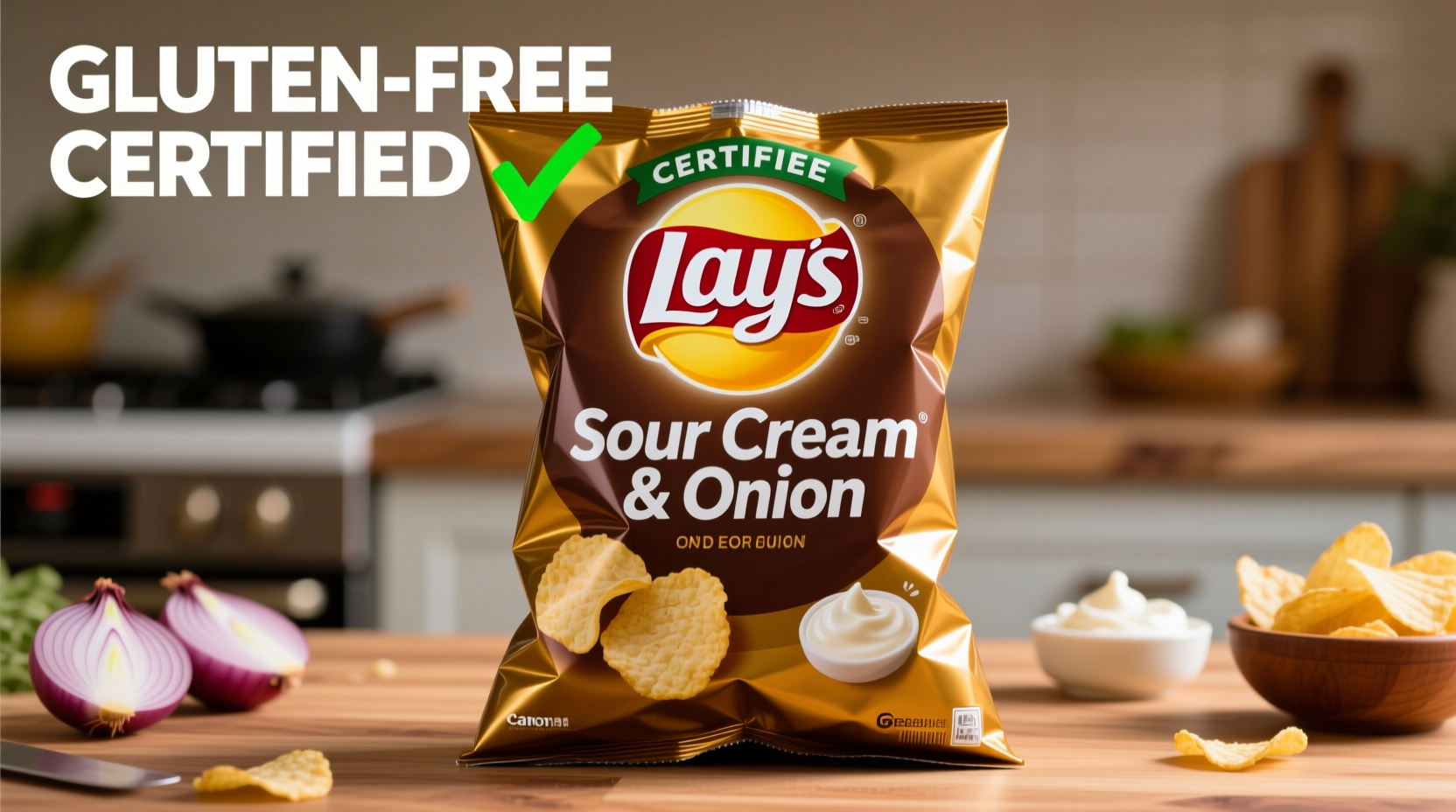 Lay's Sour Cream and Onion chips bag with gluten-free verification