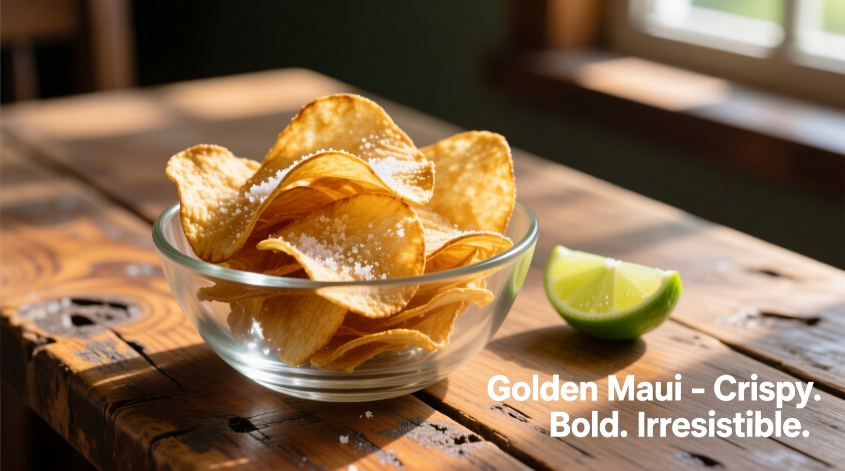Golden Maui onion chips in a glass bowl on wooden table