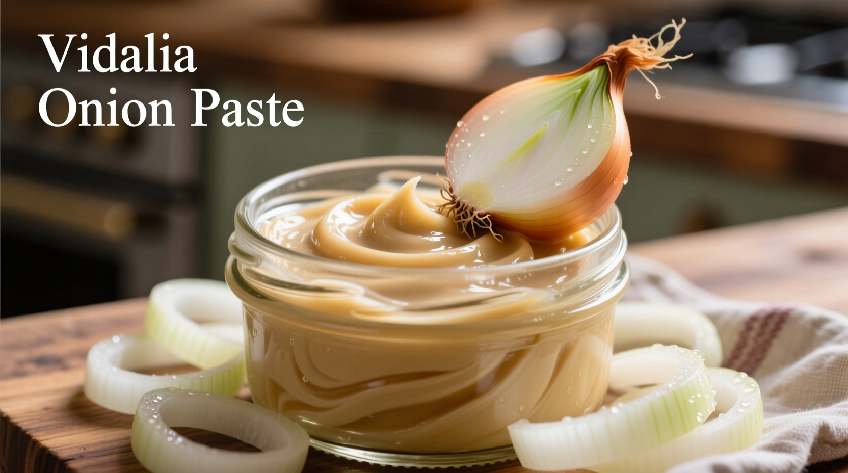 Smooth Vidalia onion paste in glass jar with fresh Vidalia onions