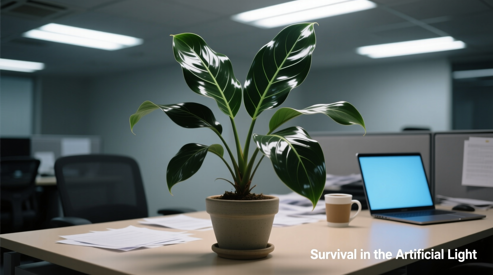 ZZ plant growing under office fluorescent lighting